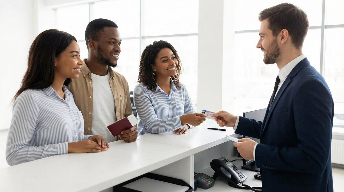 A group of three friends at a car hire desk, presenting a driving licence and a passport as a second form of ID to an agent.