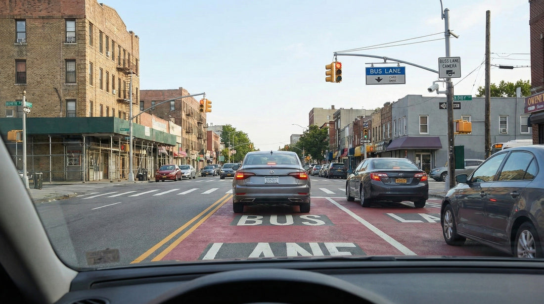 Street view showing red bus lanes and enforcement cameras relevant to New York car hire driving rules.