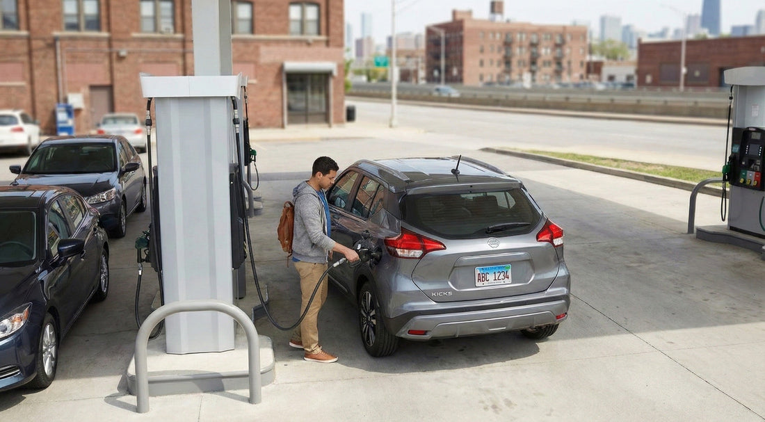 A driver refueling a modern car hire at a gas station with the New York skyline in the distance