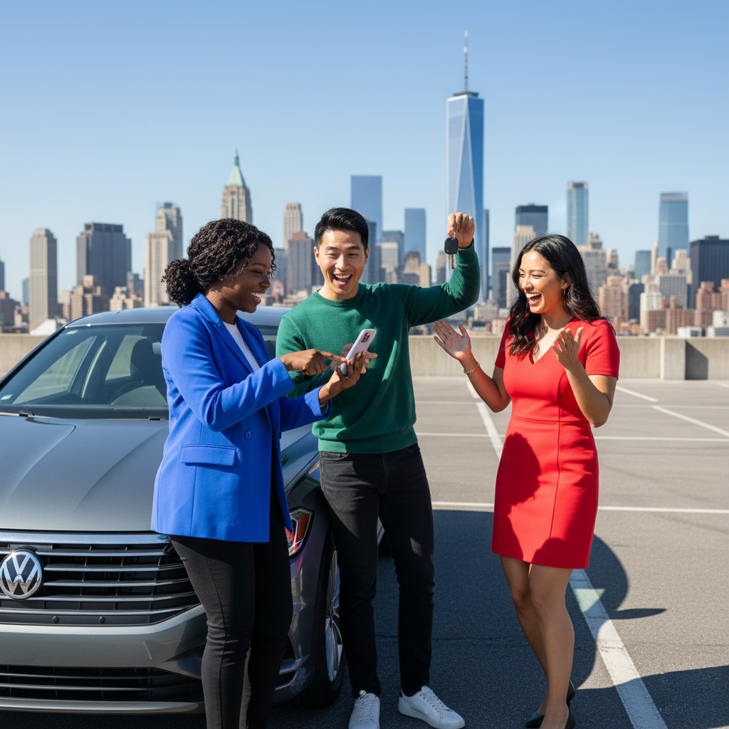 A happy couple receives keys to a grey sedan from a rental agent, with the NYC skyline in the background, on a sunny day.