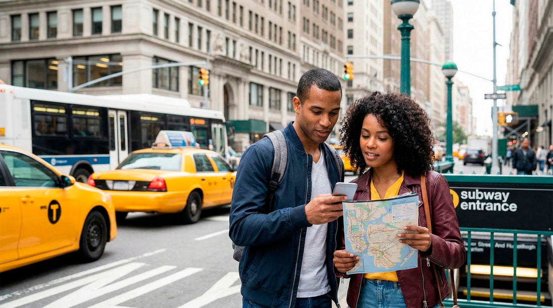 Couple checking a map near a subway entrance in NYC deciding between public transit and car rental.