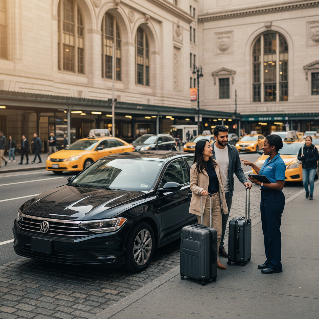 A couple with luggage returning a black sedan to a car rental agent on a busy street outside New York Penn Station.
