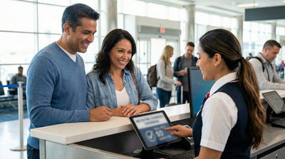Couple verifying no extra charges coverage at Hola Car Rentals counter to avoid hidden fees in the USA.