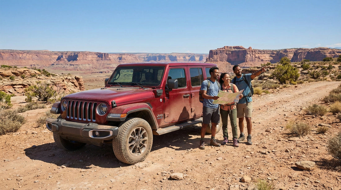 A red Jeep Wrangler car rental parked on an unpaved road with hikers checking a map during an adventure.