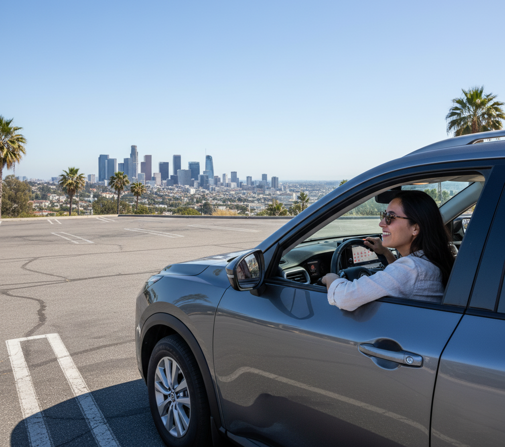 A happy female driver in a grey car rental overlooking the Los Angeles skyline on a clear, sunny day.