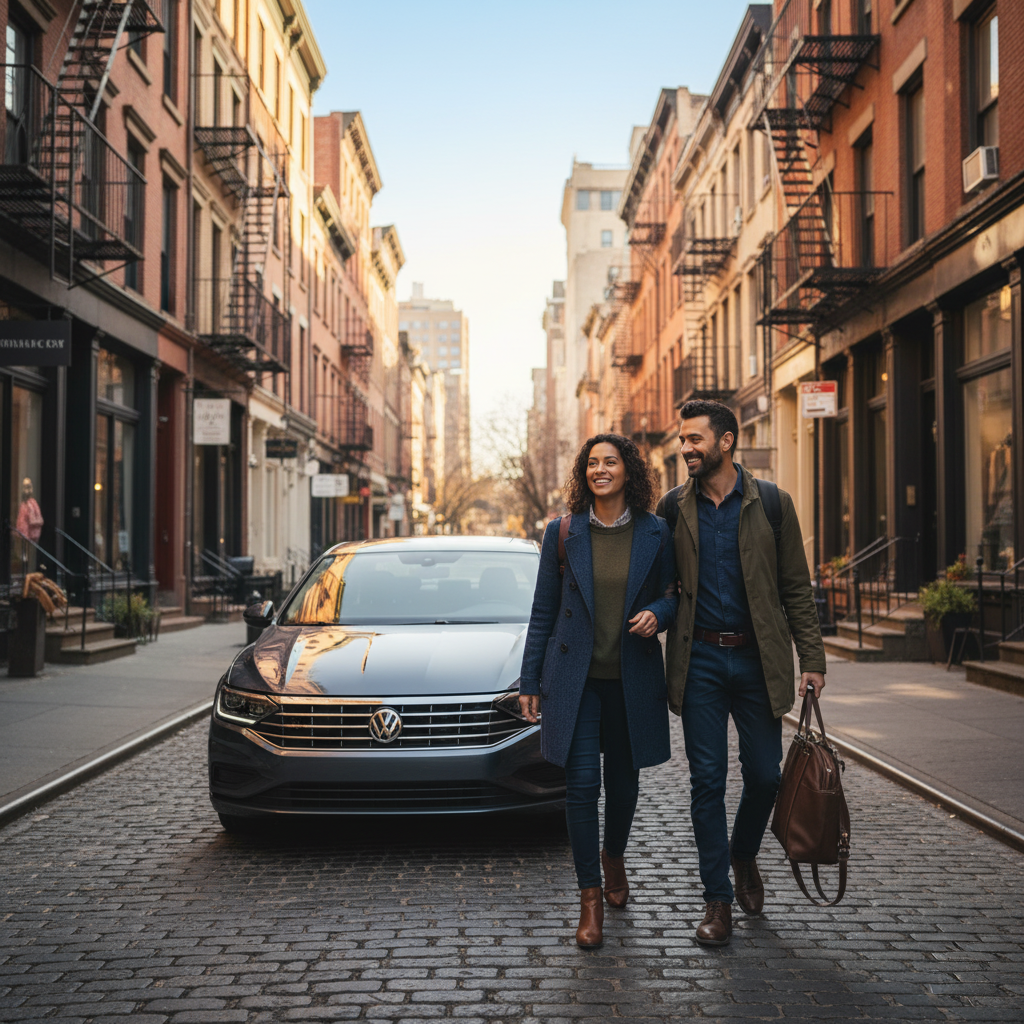 Happy couple walking on a cobblestone street in New York City with a black Volkswagen Jetta car hire parked nearby.
