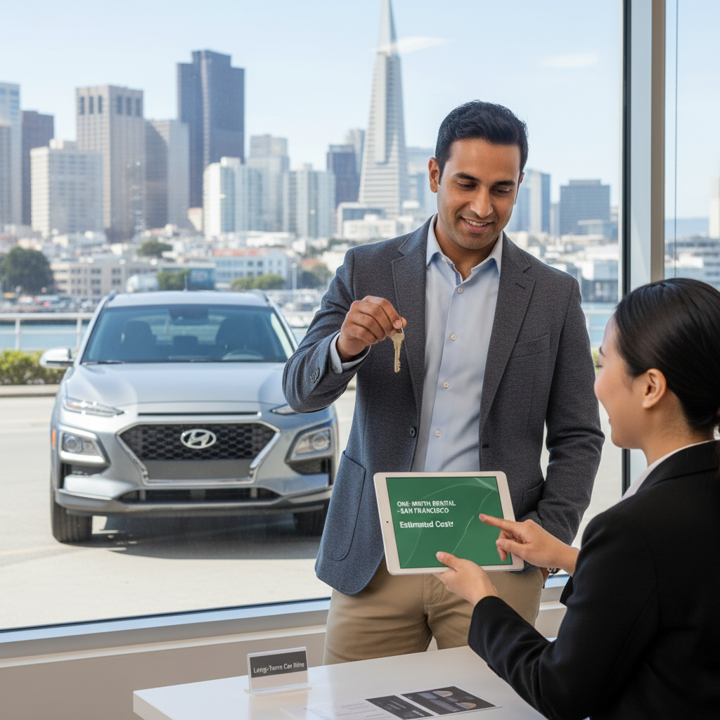 A man receiving car keys at a San Francisco car rental desk, with a screen showing an "Estimated Cost" for a one-month car hire.