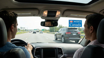 Friends driving a rental car on a scenic cross-border highway, illustrating international one-way car hire options.