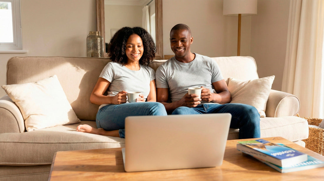 Couple sitting on a sofa using a laptop to book a rental car online from home.