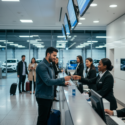 A person picking up a rental car from a modern, well-lit Orlando Airport car rental counter at night after a late flight.