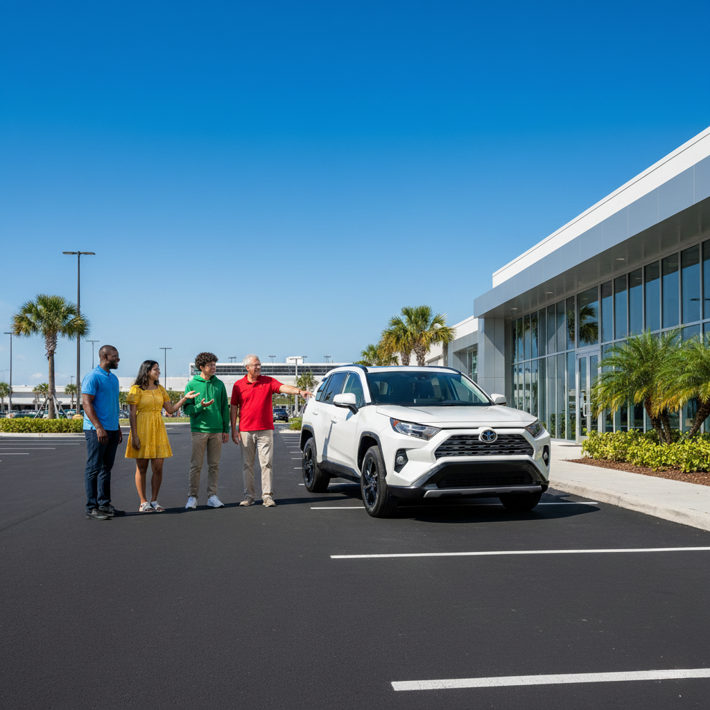 Family looking at a white Toyota Rav4 SUV at an off-airport car rental location in Orlando on a sunny day.