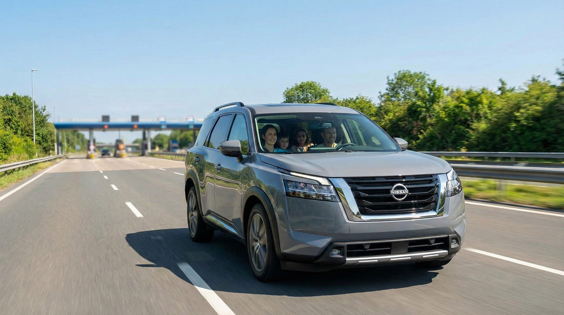 A family in a Nissan Pathfinder rental car driving through an Orlando toll booth plaza near the airport on a sunny day.