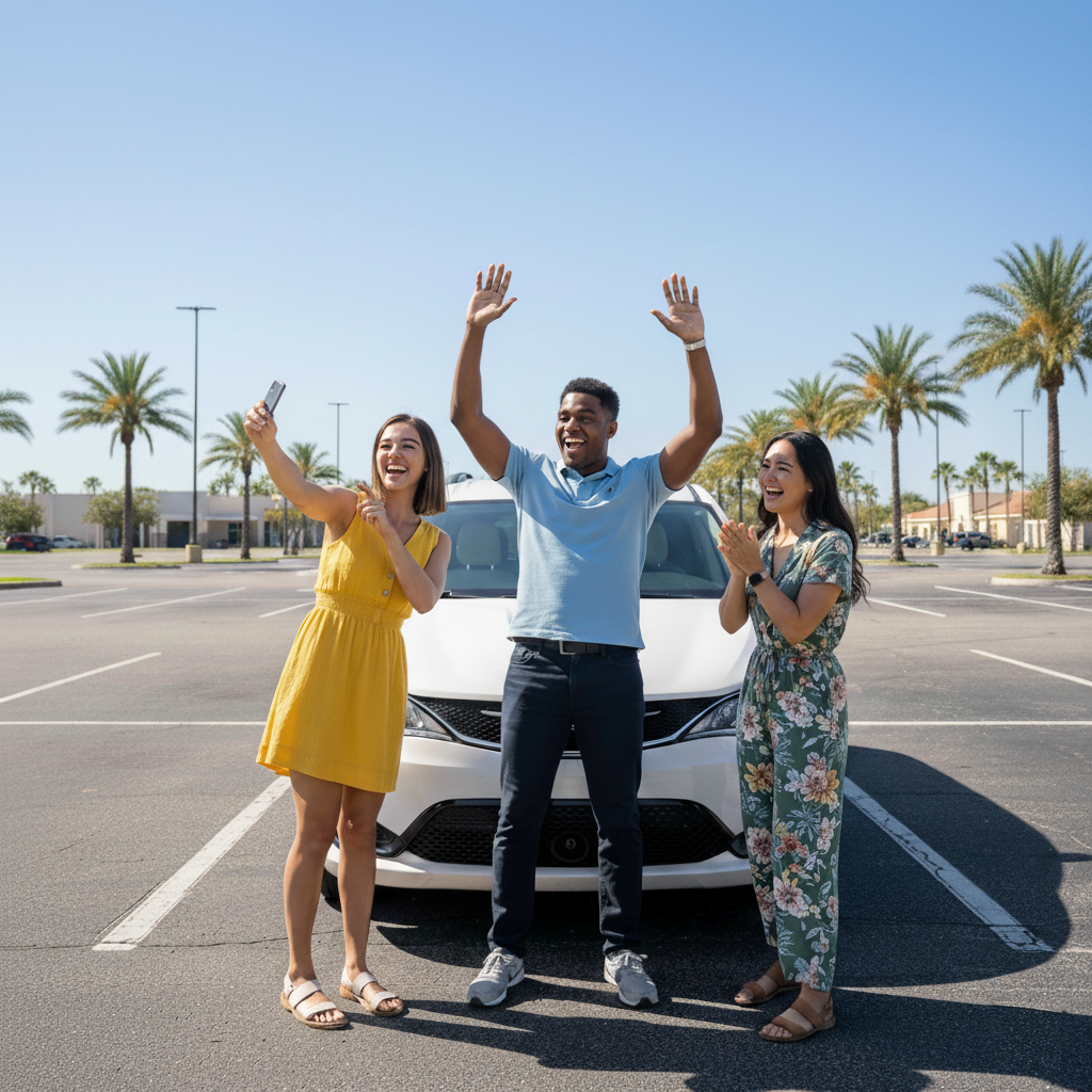 Three friends celebrating in front of a white minivan in a sunny Orlando parking lot with palm trees.
