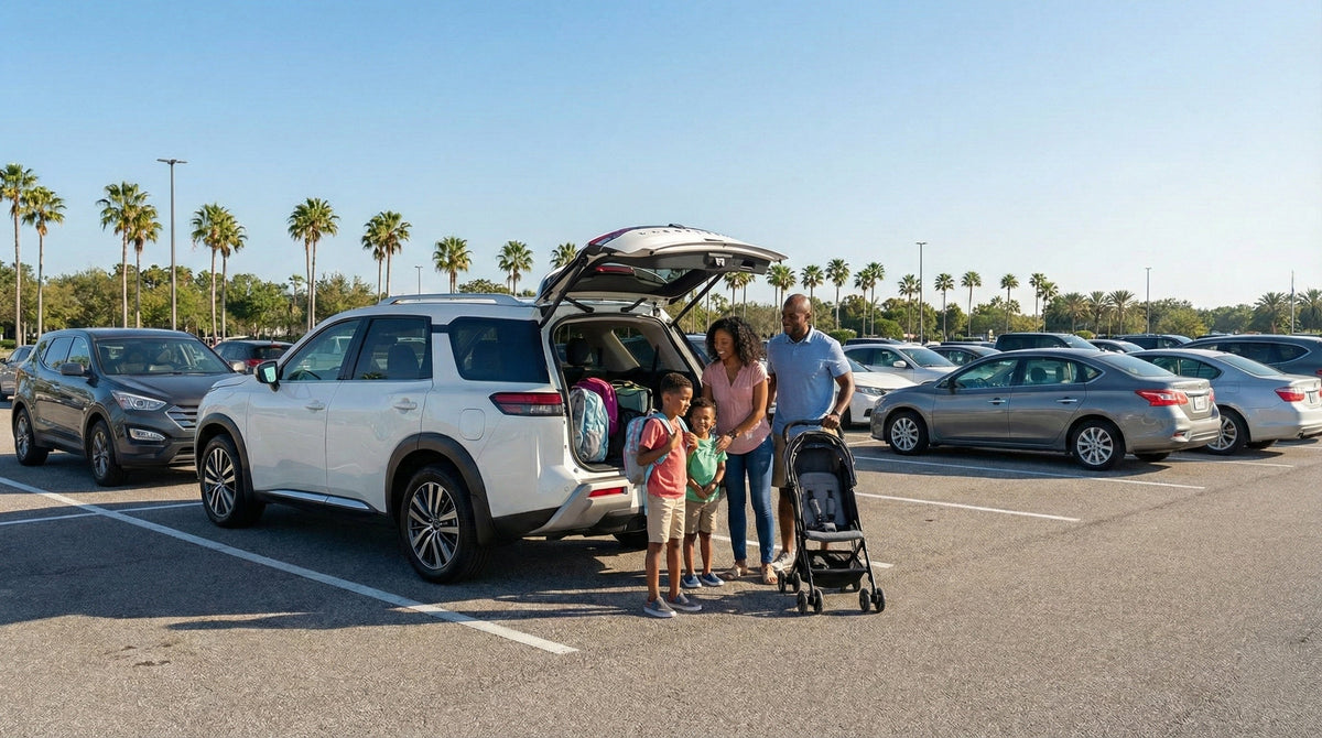 A family of four unloads backpacks from the trunk of a white midsize SUV car hire in a sunny theme park parking lot in Orlando.