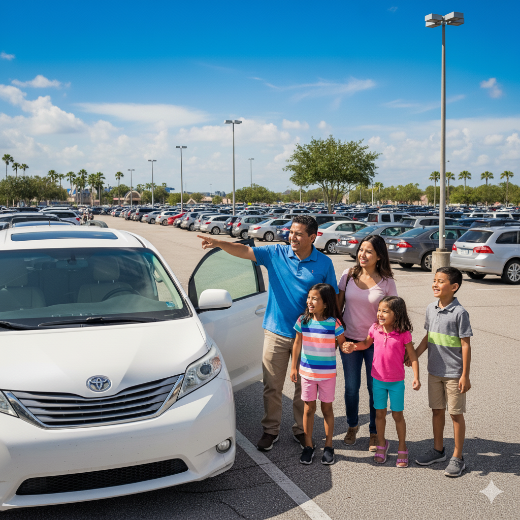 A happy family of five stands next to a white minivan (Toyota Sienna) in a vast, sunny parking lot with many cars, symbolizing the use of a car rental for major Orlando theme parks like Disney and Universal.