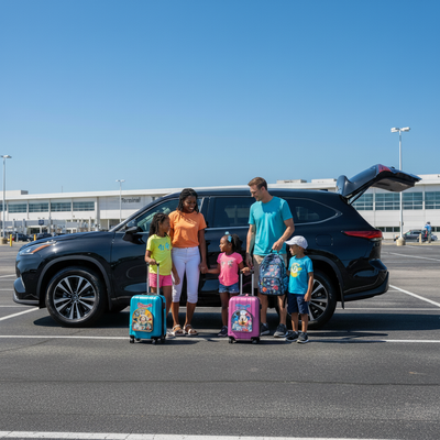 A happy family with luggage next to a modern black SUV, ready for a Disney trip, highlighting convenient car rental pickup.