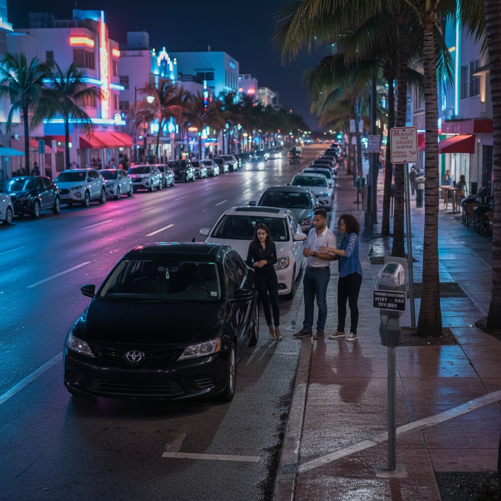 Miami South Beach street at night. Parking a car hire or rental overnight is risky; municipal garages are safer for vehicles.