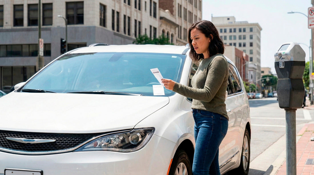 Woman looking concerned holding a parking ticket next to her white minivan rental car.