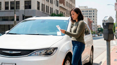 Woman looking concerned holding a parking ticket next to her white minivan rental car.