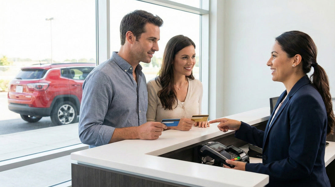 Customers holding two credit cards to split payment and deposit at a rental desk.