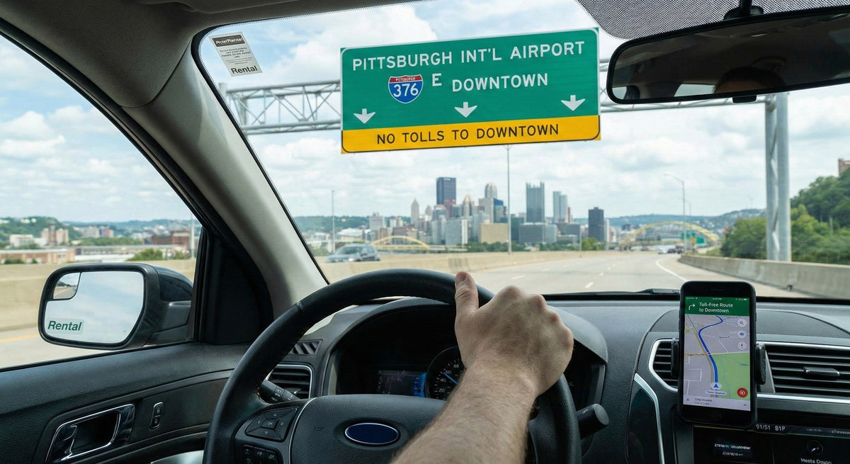 A car hire drives over a bridge toward the downtown Pittsburgh, Pennsylvania skyline on a sunny day