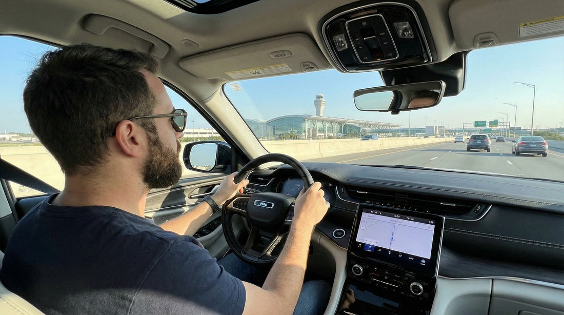 Man driving a Jeep rental towards the control tower while navigating the return loop for a Pennsylvania car hire.