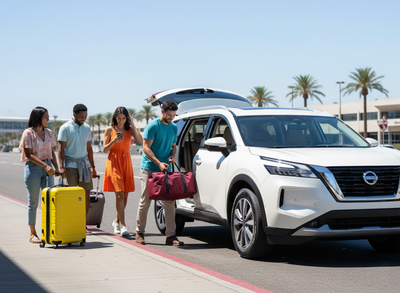 A diverse group loads luggage into a white Nissan Pathfinder at Phoenix Airport, showcasing convenience for car rental pickup at PHX.