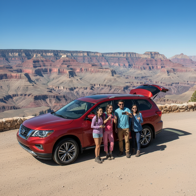 A red Nissan Pathfinder with a diverse group at the Grand Canyon, now on a dirt road, representing a Phoenix car rental day trip.