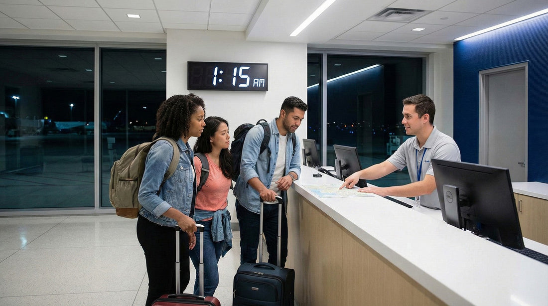 Travelers getting directions at a car hire counter in Phoenix Sky Harbor airport for late-night pickup.