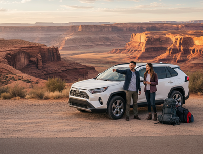 A couple standing next to a white SUV (rental car) overlooking a vast canyon landscape at sunset, indicating a Phoenix to Page road trip.