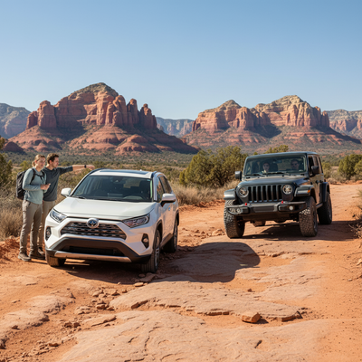 A red Jeep Wrangler 4x4, perfect for off-roading, is parked on a rough, unpaved red dirt road with a man looking at the rocky terrain, symbolizing the need for a 4x4 or SUV rental for Schnebly Hill.