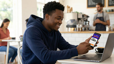 Man using a mobile app and laptop to compare prepaid car rental rates versus paying at pickup.