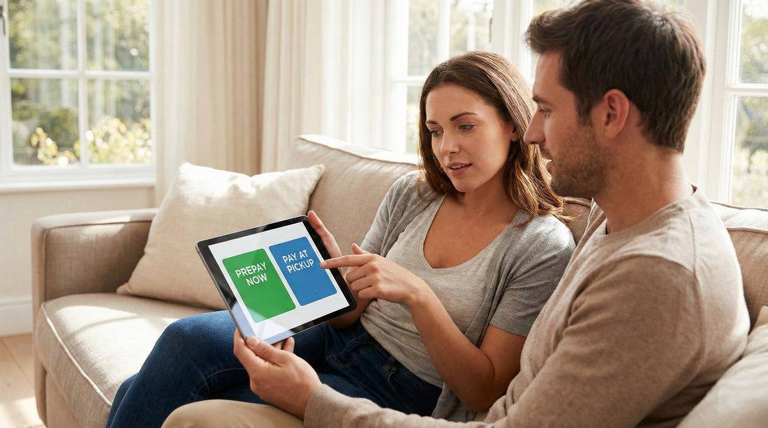 A couple comparing prepay and pay-at-pickup car rental options on a tablet while planning their trip.