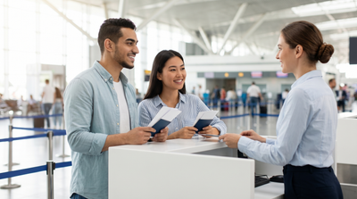 Couple showing travel documents to an agent at Miami airport car rental counter.