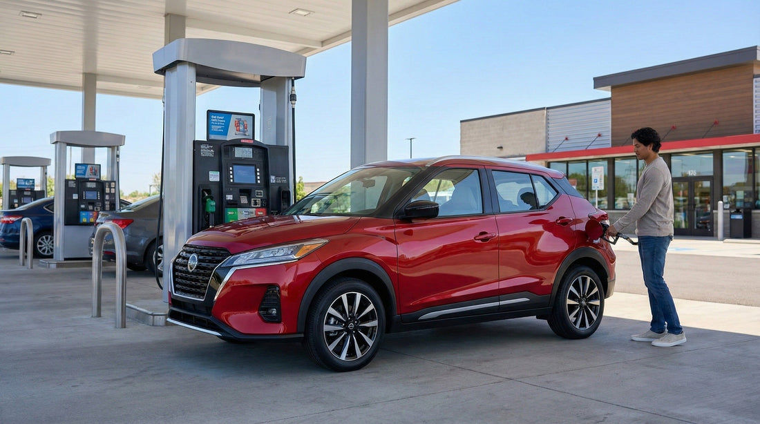 A person actively refueling a red Nissan Kicks rental car at a clean, modern gas station pump under bright daylight before returning the vehicle.