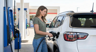 A woman refueling a white Jeep Compass rental car at a gas station pump on a sunny day.