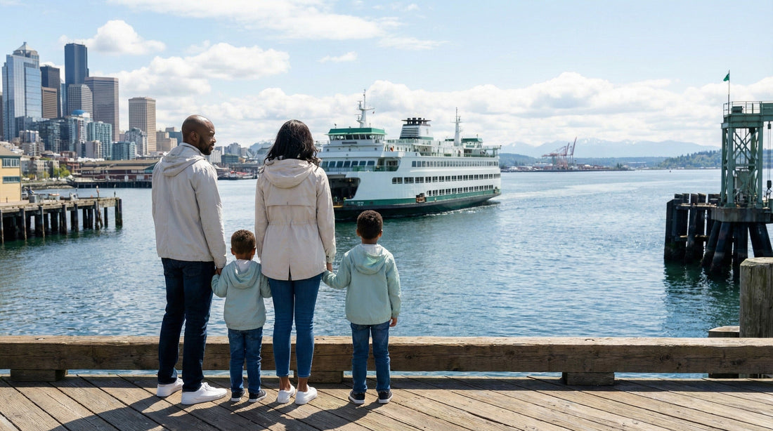 Family looking at a ferry in Seattle while deciding between car rental and public transport.