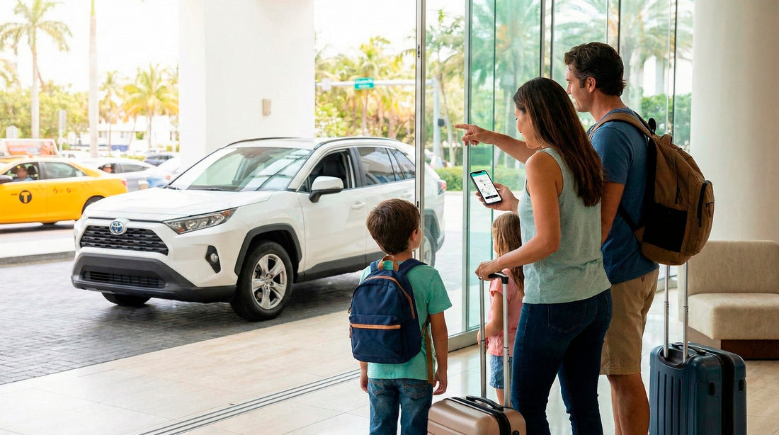 Family with luggage deciding between a white SUV car hire and a taxi for their Orlando vacation transport.