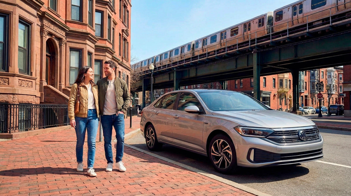 Couple walking in Boston near a silver car rental and elevated train, comparing driving vs public transit.