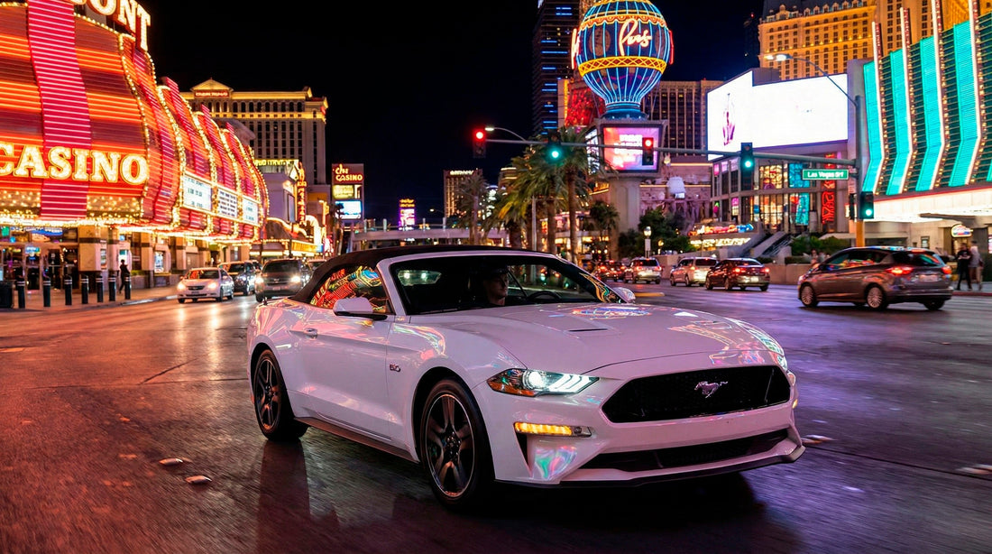 White Mustang convertible rental car driving along the Las Vegas Strip lights at night.