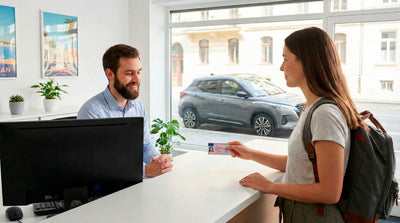 Traveler presenting a foreign driver's license to a clerk at a US car rental counter.