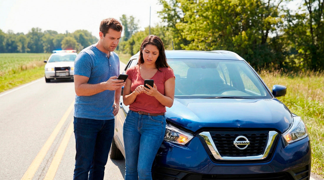 Couple calling for assistance on their phones after a minor roadside accident in a rental car.