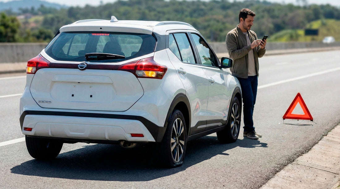 Driver calling for roadside assistance next to a white car rental with a flat tire and warning triangle.