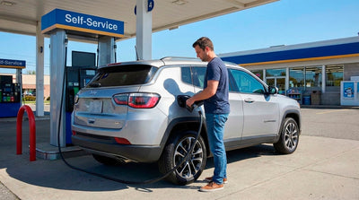Man refueling a silver SUV rental car at a self-service gas station pump.