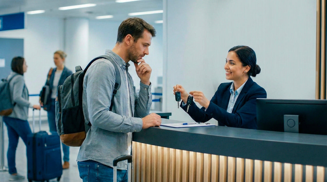 Man at a rental counter considering a vehicle upgrade offered by an agent holding car keys.