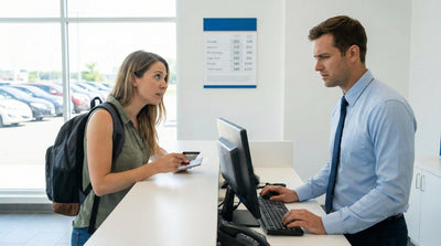 Traveler at a rental desk inquiring about last-minute car hire availability and walk-in rates without a reservation.