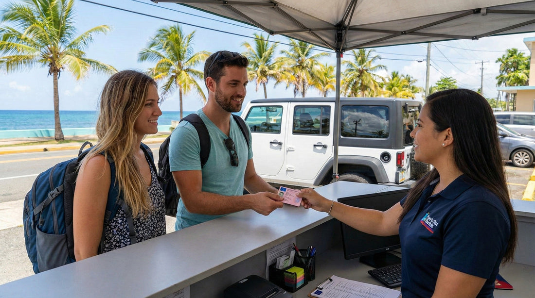 Couple presenting driving licence to agent at outdoor car rental desk in Puerto Rico near palm trees.