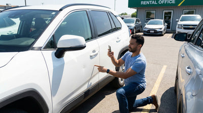 Renter taking a photo of a dent on a white rental SUV to document damage before leaving the lot.