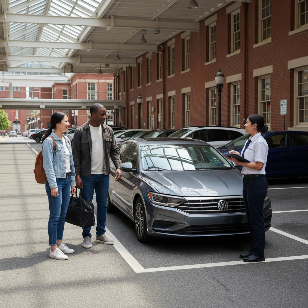Two travelers completing their car hire return with an agent in a black sedan at an indoor Boston location.