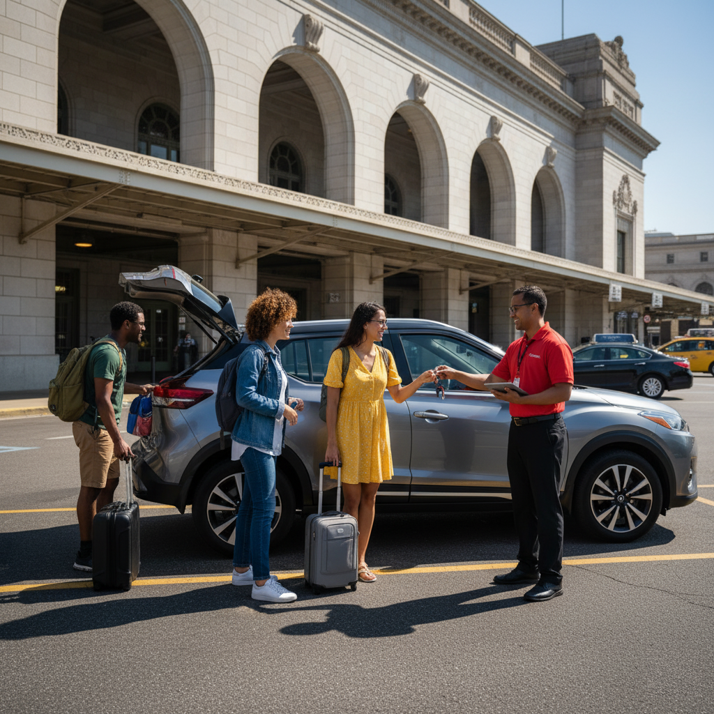 Group of travelers returning a grey Nissan Kicks rental car to an agent at Washington DC Union Station.
